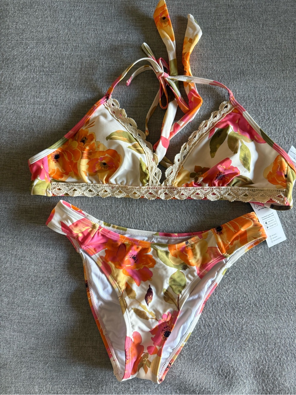 Floral Lace Trim Bikini Set in Pink, Orange & Green